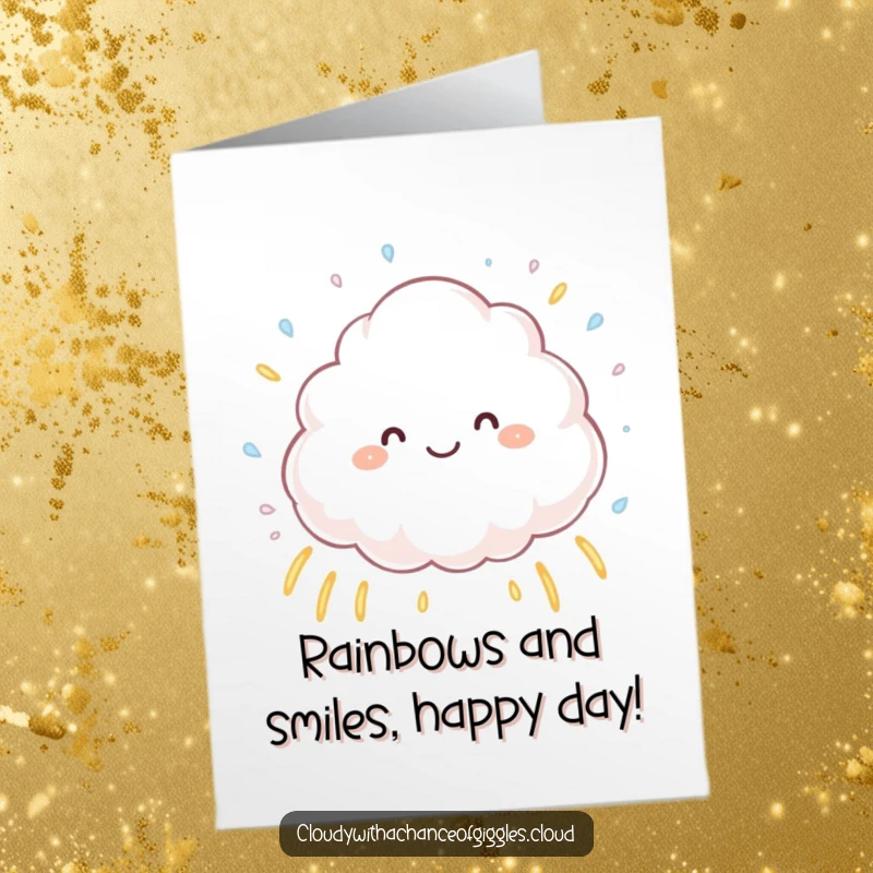Funny Free Printable Birthday Card: Fluffy cloud character sprinkling rainbow raindrops, magical DIY gift.