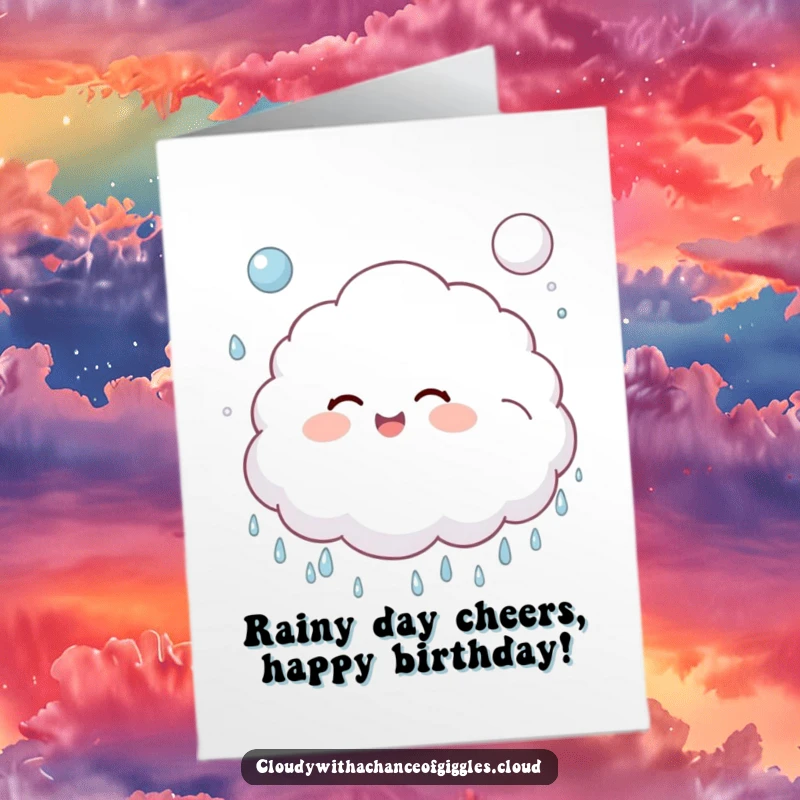 Funny Free Printable Birthday Card: A cute cloud child joyfully bouncing a raindrop like a ball with a big giggle.