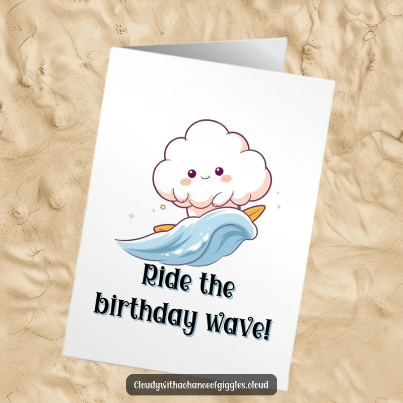 Funny Free Printable Birthday Card: A cute cloud animal happily surfing a gentle wave of wind, celebrating joyously.