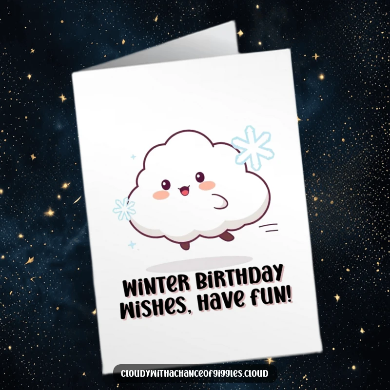 Funny Free Printable Birthday Card: Playful cloud animal chases a dancing snowflake with pure delight.