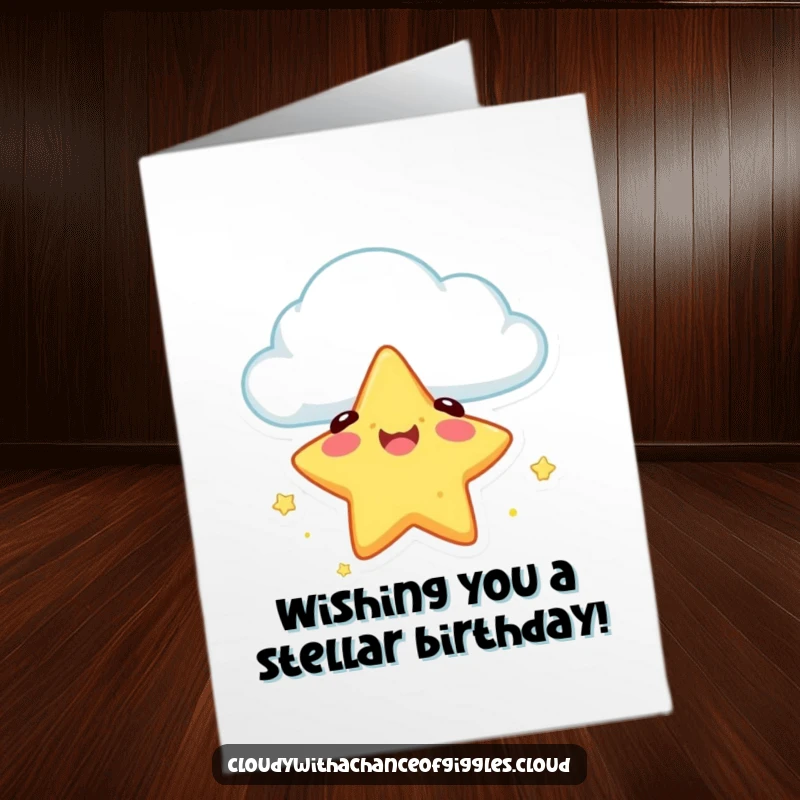 Funny Free Printable Birthday Card: A cheerful star character taking a tumble from a cloud, landing safely with a smile.