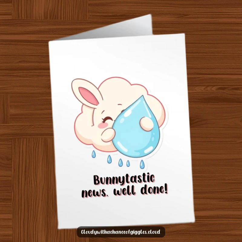 Funny Free Printable Congrats Card: Smiling bunny cloud floats with large raindrop, sweet congratulations message, downloadable.