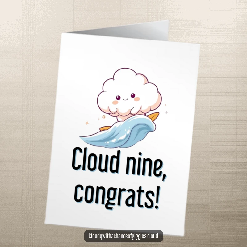 Funny Free Printable Congratulations Card: A happy cloud creature happily surfing a gentle wind wave, symbolizing smooth sailing.