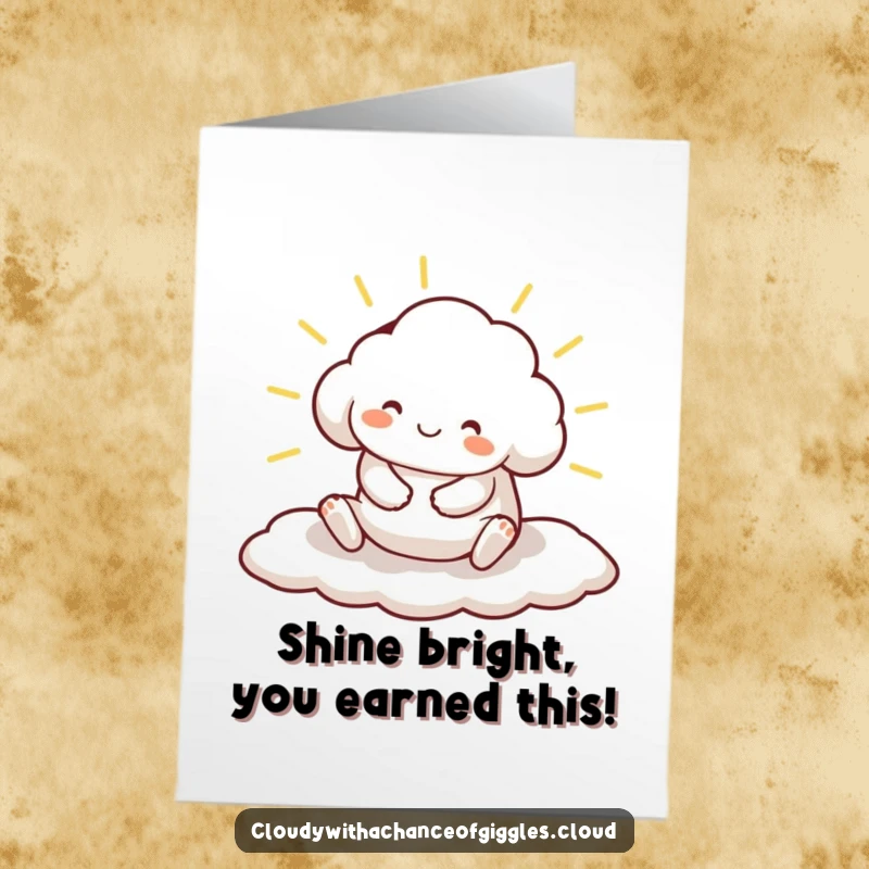 Funny Free Printable Congratulations Card: Smiling cloud animal rests on a sunbeam, celebrating accomplishments with cozy contentment.