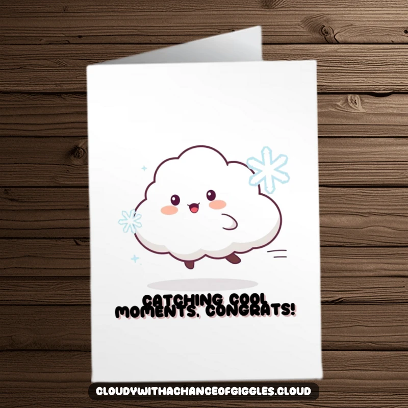 Funny Free Printable Congratulations Card: Playful cloud animal joyfully pursues a dancing snowflake, celebrating success.