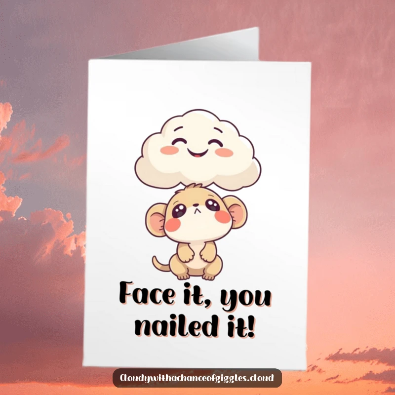Funny Free Printable Congratulations Card: Curious creature looking up at a cloud shaped like a funny face, conveying surprise and humor, downloadable.