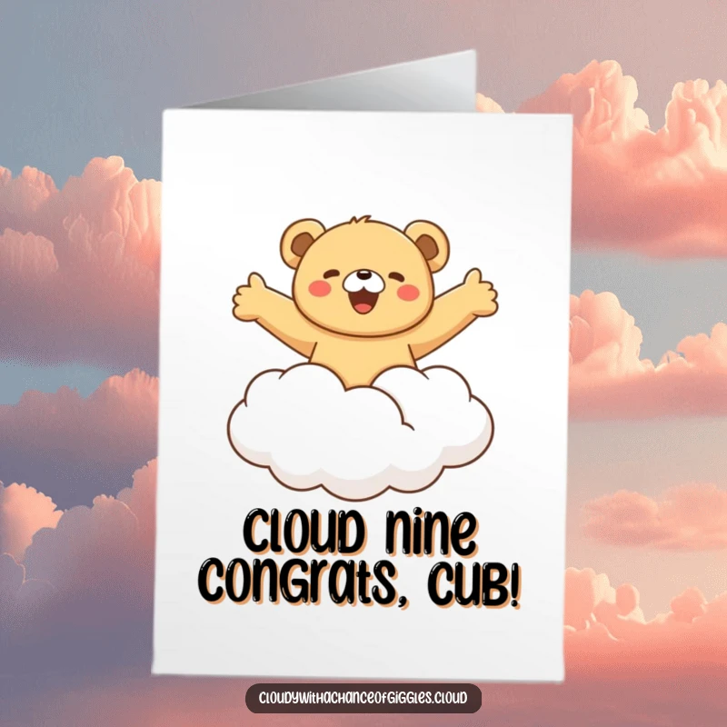 Funny Free Printable Congratulations Card: Bear cub riding fluffy cloud with arms out, perfect for success.