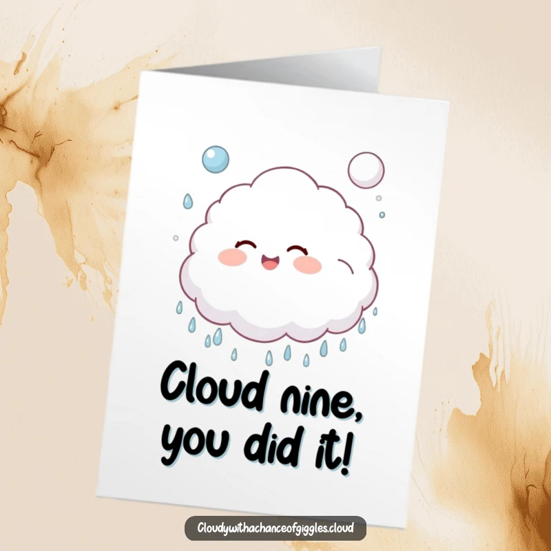 Funny Free Printable Congrats Card: A happy cloud child bouncing a puffy raindrop, celebrating a successful milestone.