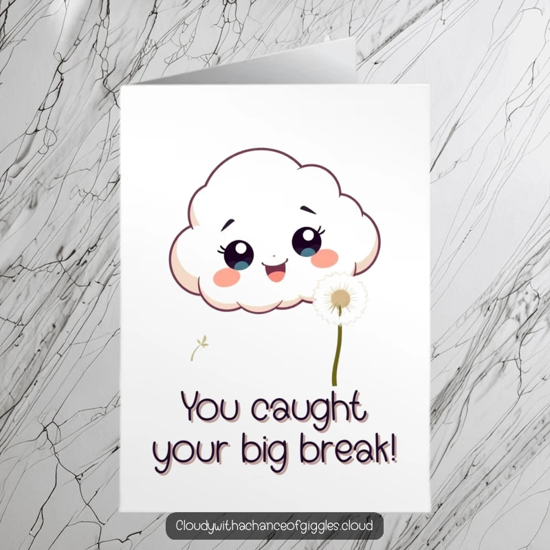 Funny Free Printable Congrats Card: An excited cloud chasing a dandelion seed, representing the pursuit of goals.