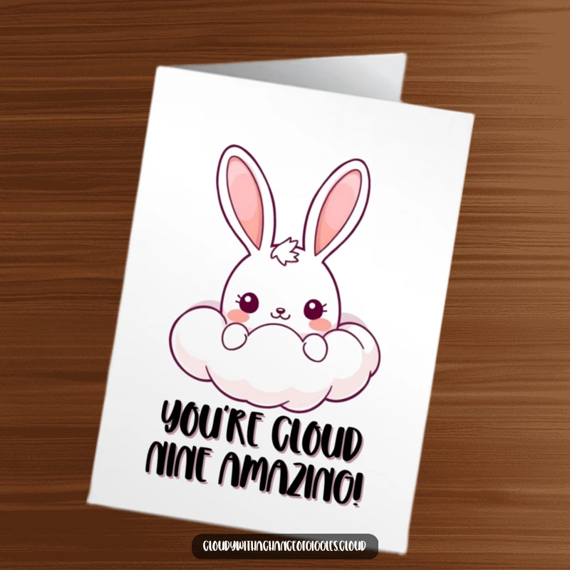 Funny Free Printable Congratulations Card: A kawaii bunny peeking from behind a happy cloud, celebrating a big win.