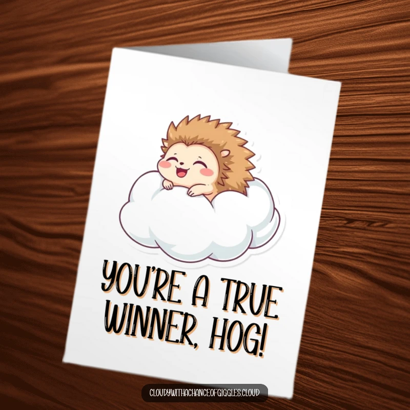 Funny Free Printable Congratulations Card with a happy hedgehog rolling down a cloud.