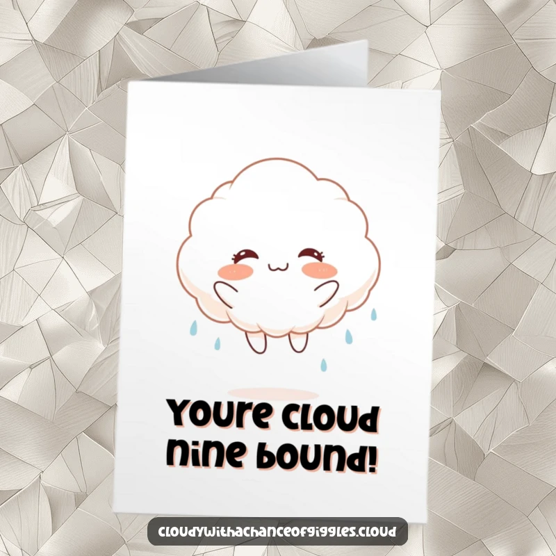 Funny Free Printable Congrats Card: A fluffy white cloud with rosy cheeks and rain streaks jumps joyfully in celebration.