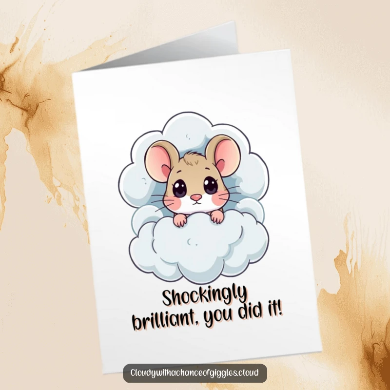 Funny Free Printable Congratulations Card: A wide-eyed mouse curiously peeks out from a dramatic thundercloud, celebrating with flair.