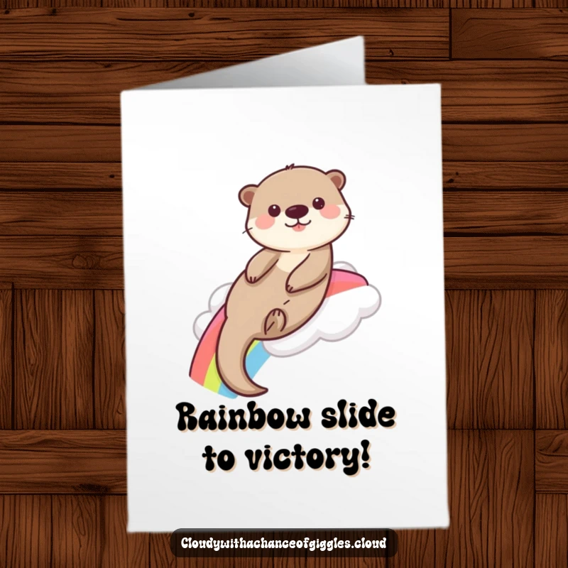 Funny Free Printable Congratulations Card: A happy otter slides down a bright rainbow from a fluffy cloud, celebrating success with pure joy.