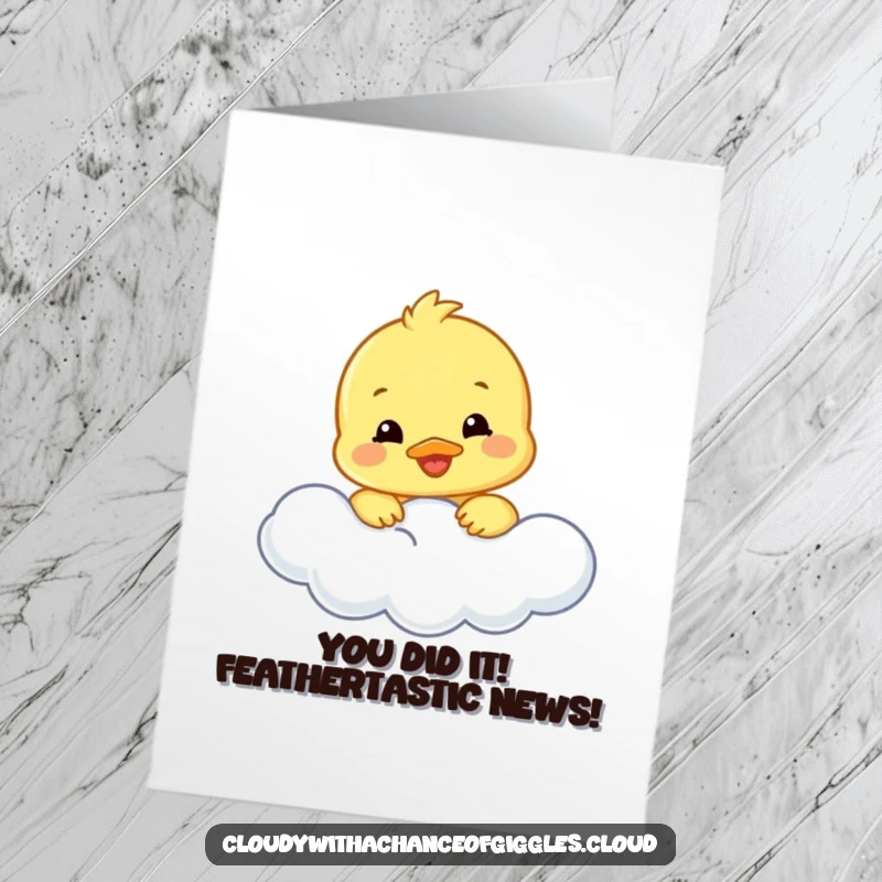 Funny Free Printable Congratulations Card showing a happy duckling peeking from a cloud.