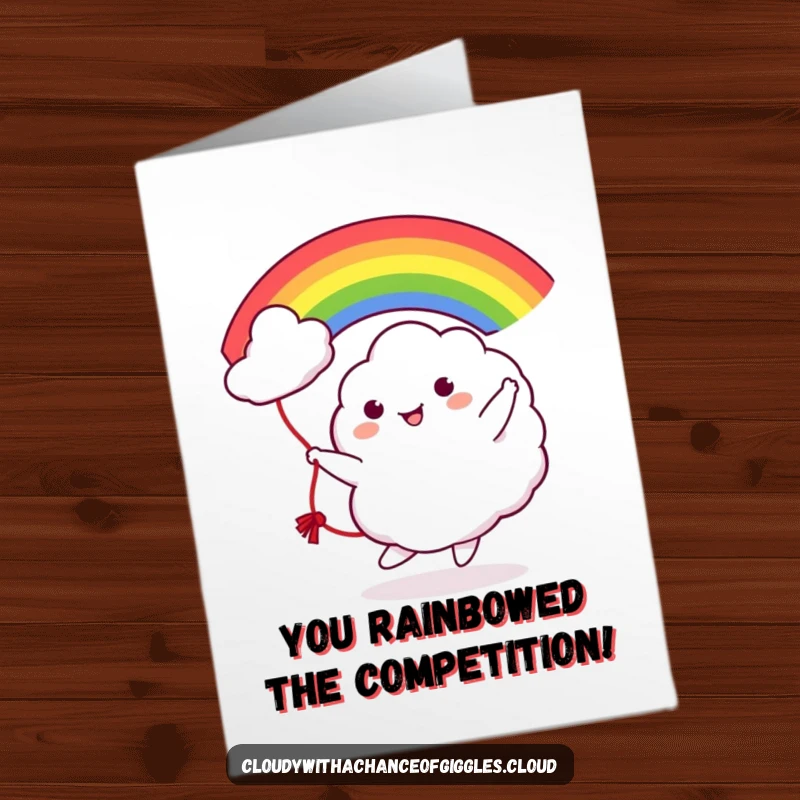 Funny Free Printable Congratulations Card: Adorable cloud character cheerfully tossing a rainbow like a jump rope.
