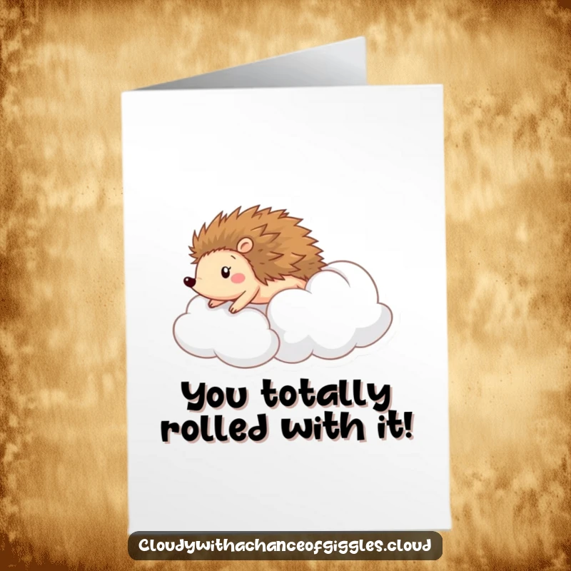 Funny Free Printable Congratulations Card: Cheerful hedgehog happily rolling down a cloud, celebrating achievements with pure delight.