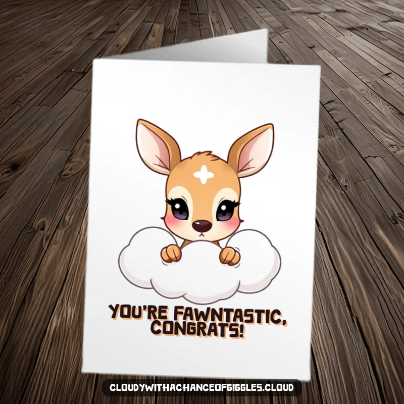 Funny Free Printable Congratulations Card: A shy deer peeks out from a cloud, offering wide-eyed well wishes.