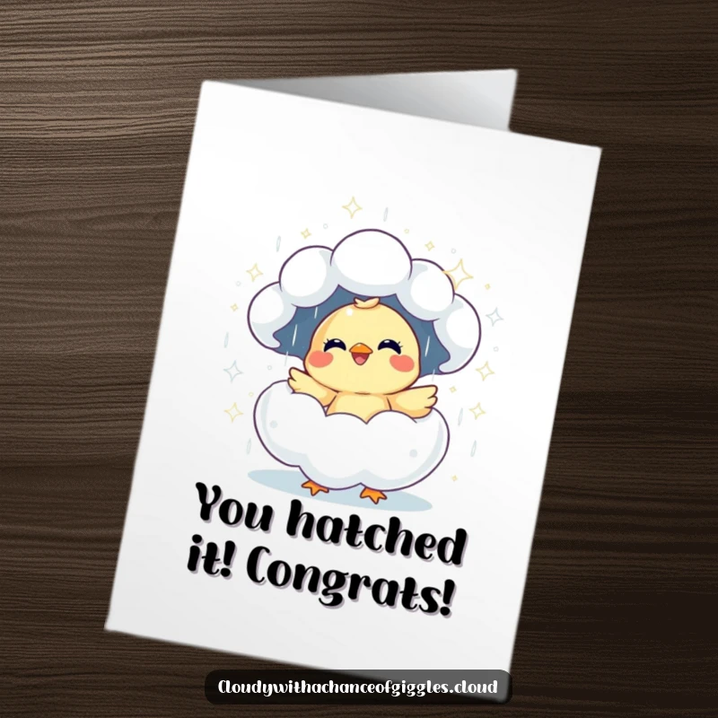 Funny Free Printable Congratulations Card: A cheerful chick emerges from a sparkling, rain-filled cloud, embodying pure joy.
