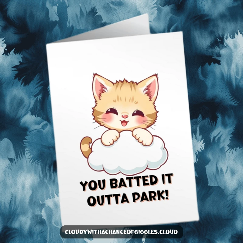 Funny Free Printable Congratulations Card: A curious kitten batting at a happy smiling cloud, perfect for downloadable celebratory messages.