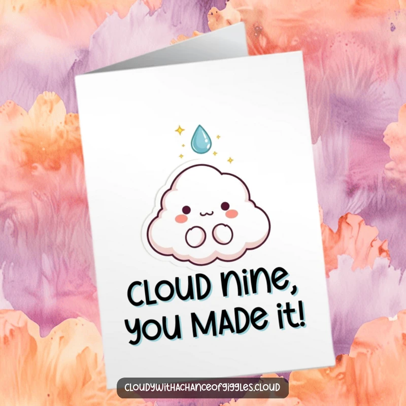 Funny Free Printable Congrats Card: Tiny cloud character with sparkles bursting from a raindrop, magical celebration.