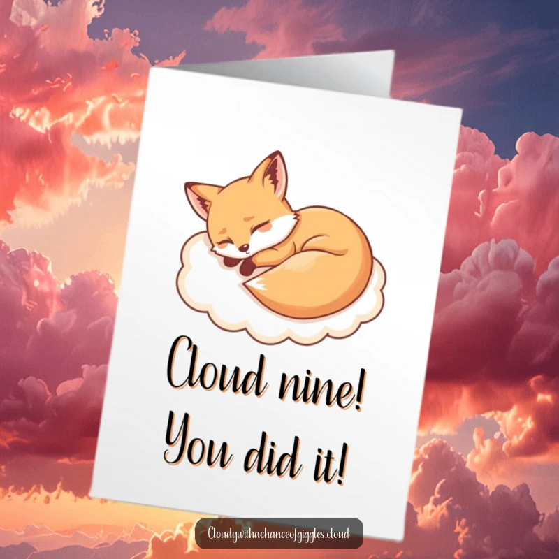 Funny Free Printable Congratulations Card: A relaxed fox napping on a cloud, celebrating success with sleepy charm.