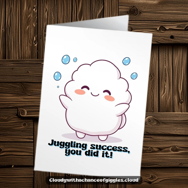 Funny Free Printable Congratulations Card: Cheerful cloud animal juggles raindrops, symbolizing the happy shower of success.