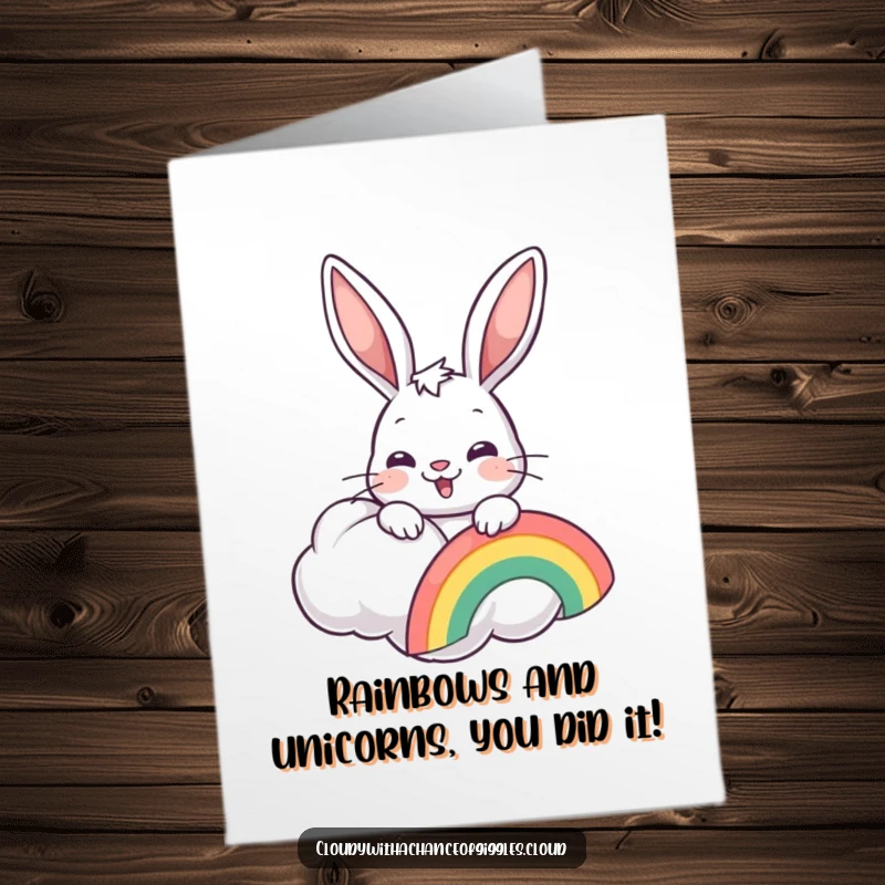 Funny free printable congratulations card showing a bunny with a rainbow, symbolizing joy and accomplishment.