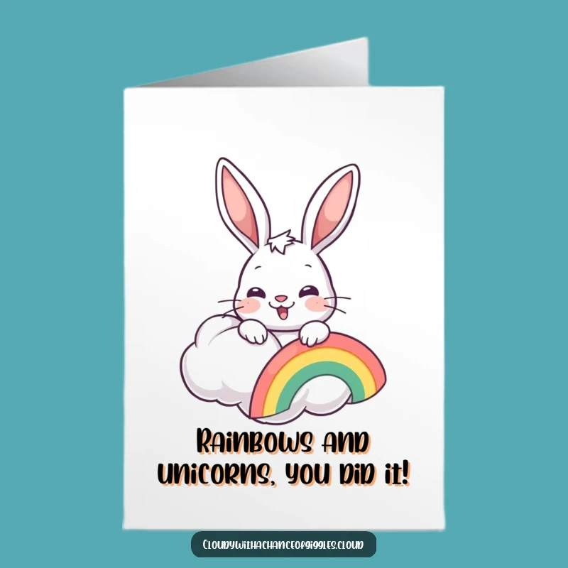 Free Printable Bunny Congratulations Card: Rainbow Cloud Character Funny Downloadable