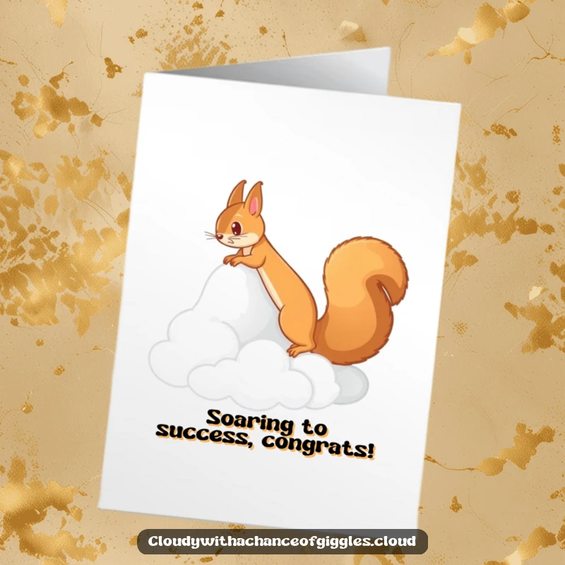 Funny Free Printable Congrats Card: A squirrel scaling a cloud mountain, symbolizing reaching great heights and achievements.
