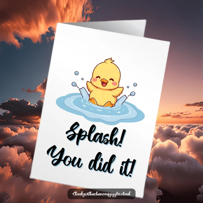 Funny Free Printable Congratulations Card: A cheerful duckling splashes in a cloud puddle, sending bubbly congratulations with a joyful heart.