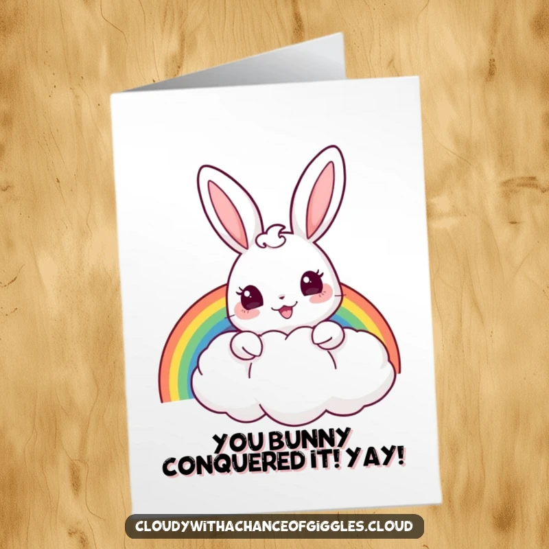 Funny Free Printable Congrats Card: Cheerful bunny holds a rainbow behind a cloud, celebrating your success with delightful charm.