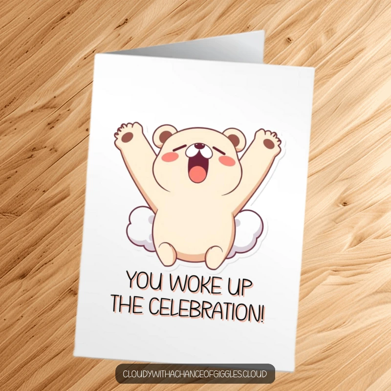 Funny Free Printable Congrats Card: A little bear cloud yawns widely, stretching its cloudy arms upwards, congratulating with ease.