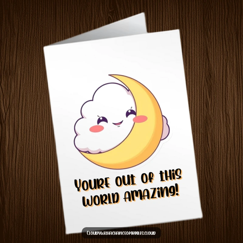 Funny Free Printable Congrats Card: Mischievous cloud peeking from behind a moon, celebrating success with a grin.