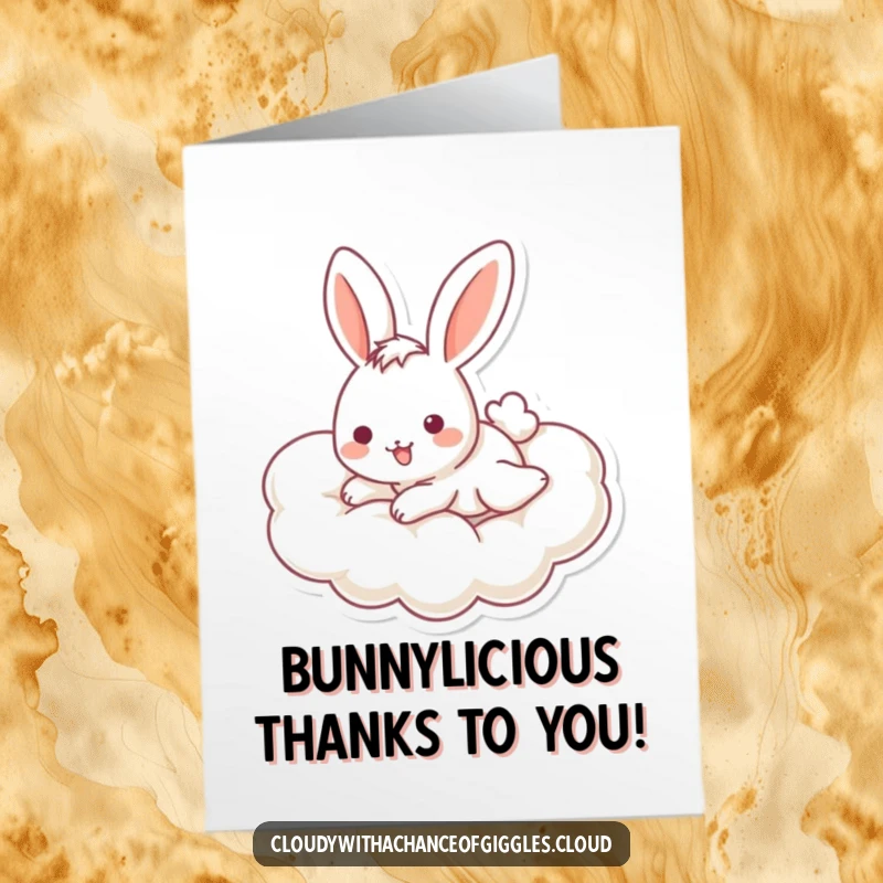 Funny Free Printable Thank You Card with a playful bunny sliding down a fluffy cloud.