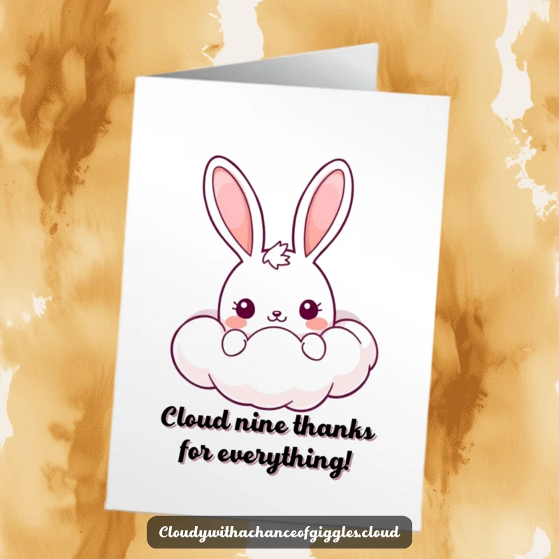 Funny Free Printable Thank You Card: A kawaii bunny peeking from a smiling cloud, sending heartfelt thanks.