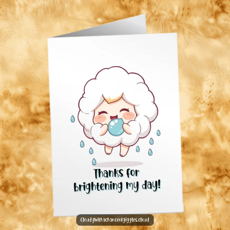 Funny Free Printable Thank You Card: A fluffy cloud child giggles, bouncing a raindrop ball to say thank you.
