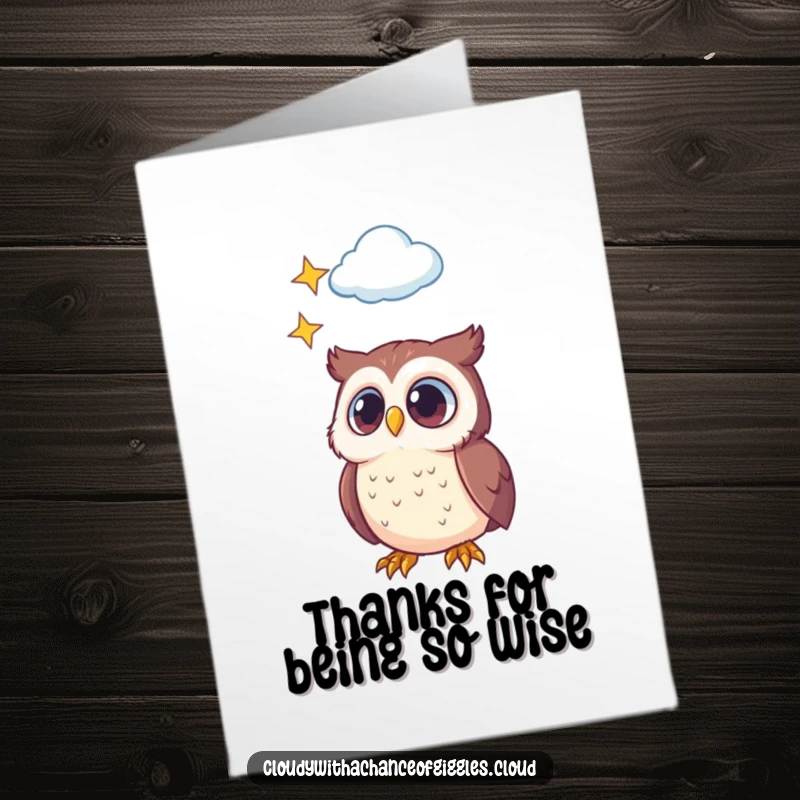 Funny Free Printable Thank You Card: A charming owl gazes at a starry cloud, expressing gratitude with a smile.