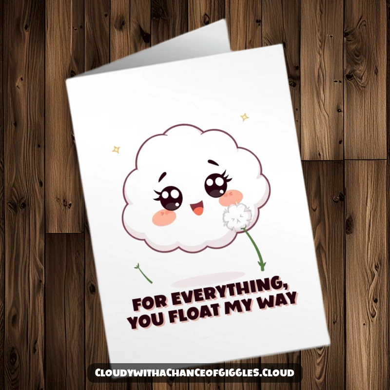 Funny Free Printable Thank You Card: Excited cloud with wide eyes chasing a dandelion seed, a charming thank you.