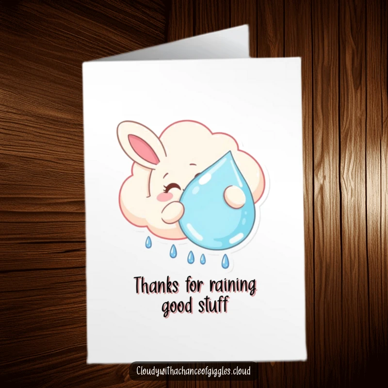 Funny Free Printable Thank You Card: Bunny shaped cloud smiling, holding big raindrop, cute thank you note.