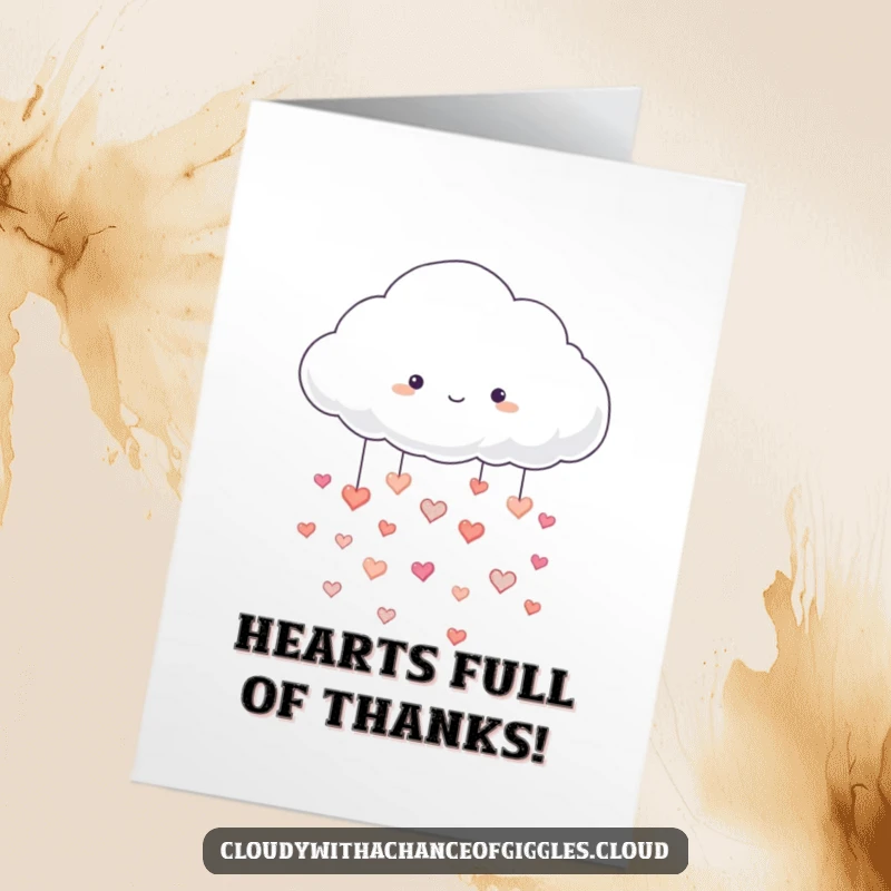Funny Free Printable Thank You Card: A white cloud gently rains down small, happy hearts, expressing sincere gratitude.