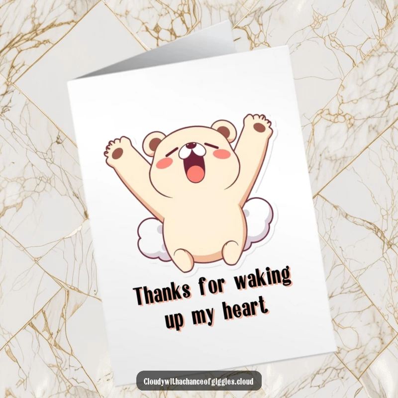 Funny Free Printable Thank You Card: A little bear cloud yawns widely, stretching its cloudy arms upwards, a calm thank you.
