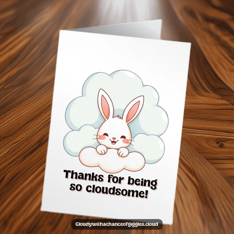 Funny Free Printable Thank You Card: A smiling bunny emerges from a cloud, offering thanks with a cute and playful gesture.
