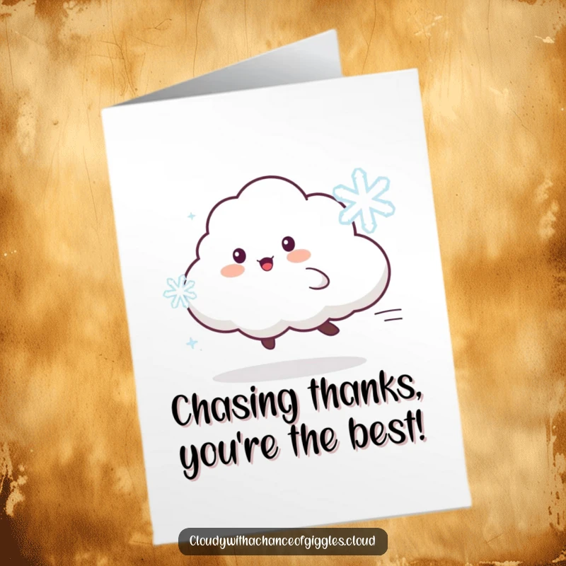 Funny Free Printable Thank You Card: Playful cloud animal chases a dancing snowflake, conveying heartfelt thanks.