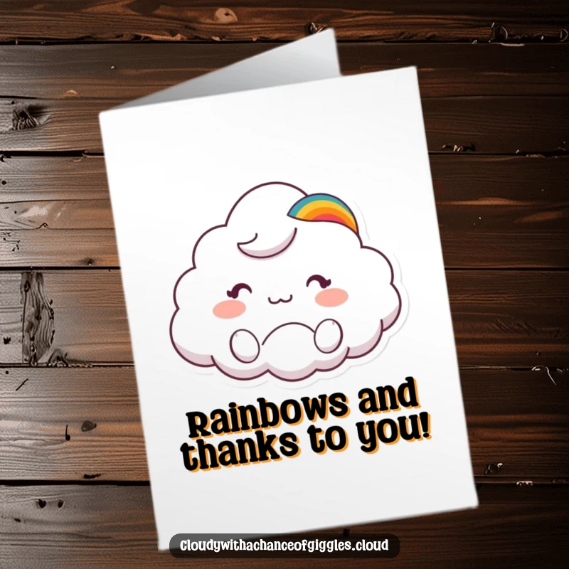 Funny Free Printable Thank You Card: Cute cloud animal sporting a rainbow hat waves happily, expressing sincere thanks.