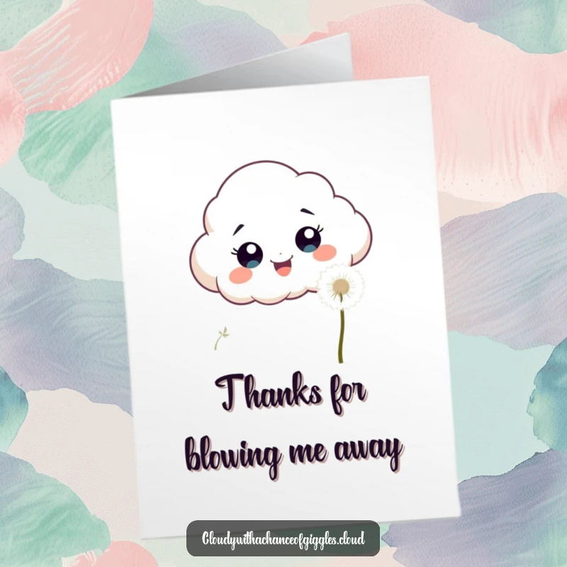Funny Free Printable Thank You Card: An excited cloud chasing a dandelion seed, a playful thank you.