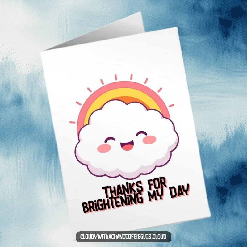 Funny Free Printable Thank You Card: A cheerful cloud with a big grin and a colorful rainbow bursting joyfully upwards.