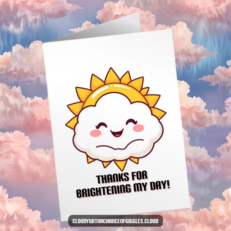 Funny Free Printable Thank You Card: A happy sun peeks from behind a cloud, offering sunny, humorous thanks.