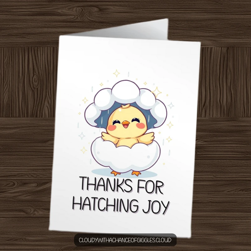 Funny Free Printable Thank You Card: A giggling chick hatching from a sparkly cloud, sending thanks with infectious happiness.