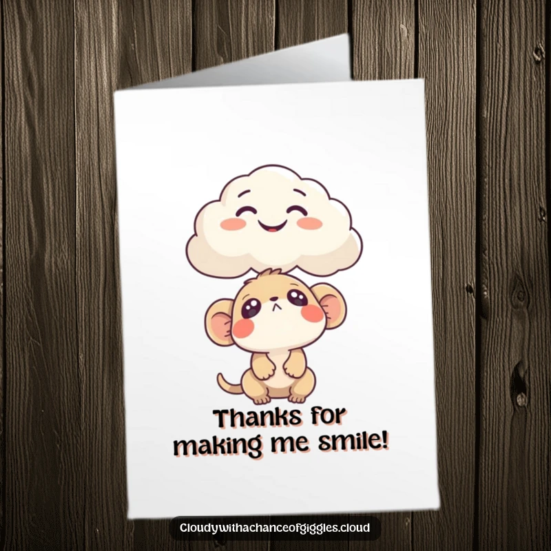 Funny Free Printable Thank You Card: Curious creature looking up at a cloud shaped like a funny face, expressing thanks, humorous downloadable.